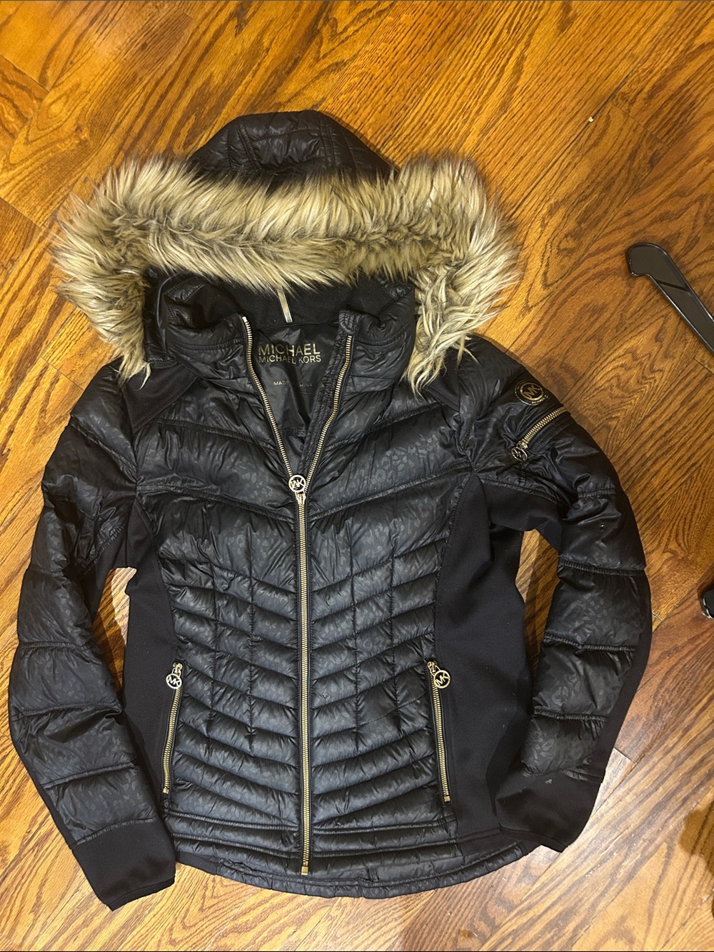 Michael Kors Black Quilted Puffer Jacket with Faux Fur Hood Trim